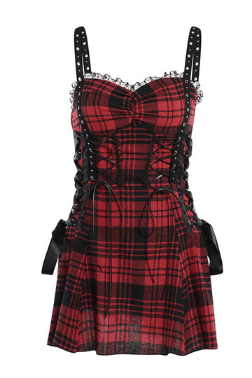 Spaghetti Straps Plaid Rouge Robe Vintage avec dentelle